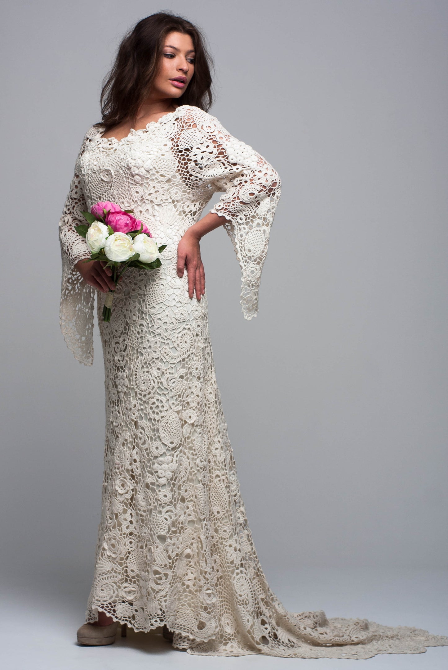 Handmade white crochet wedding dress Irish lace maxi