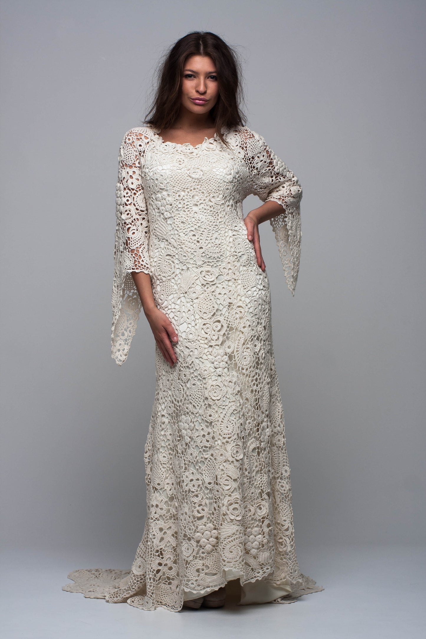 Ivory crochet wedding gown Irish lace cotton dress
