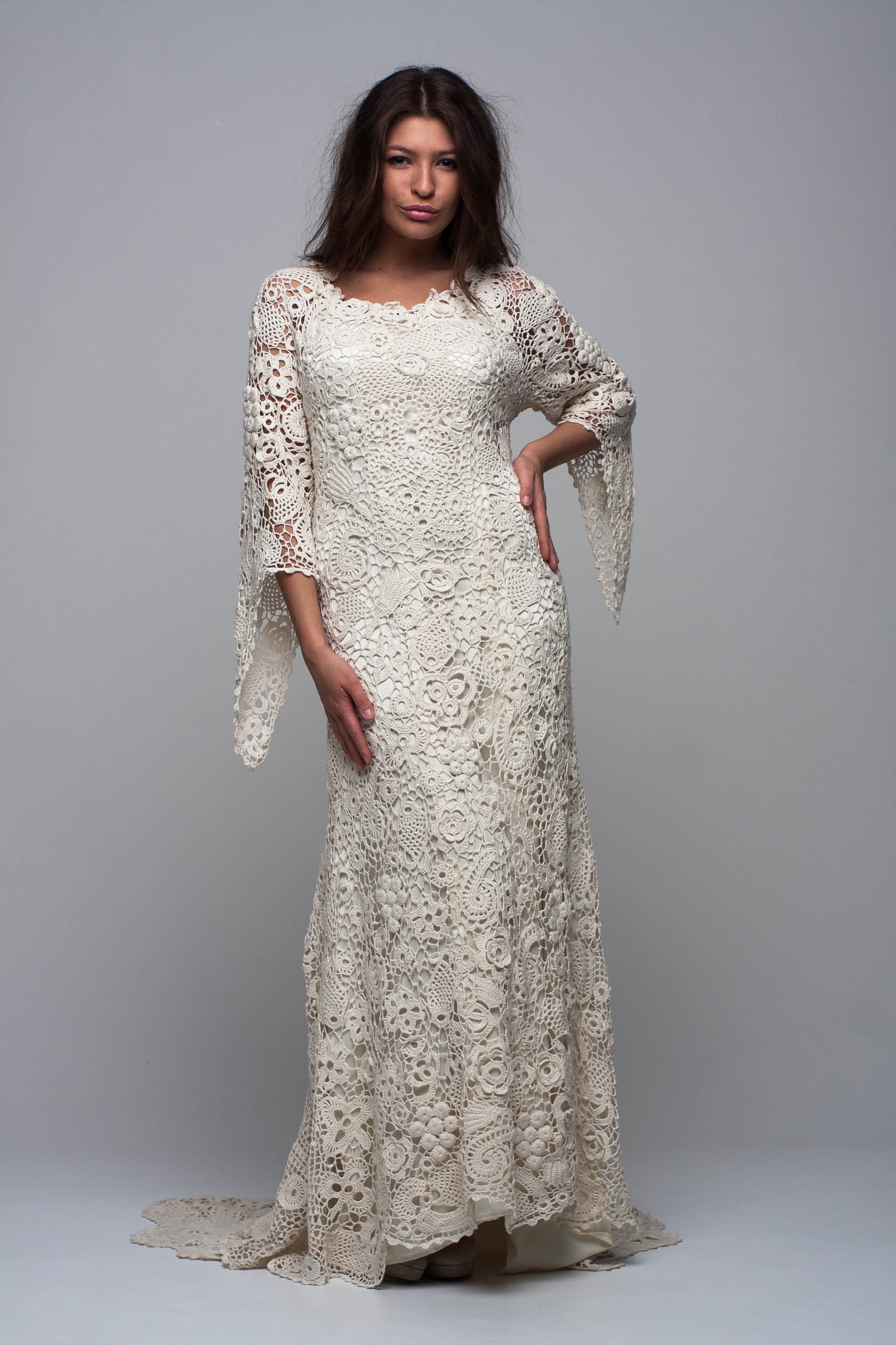 Ivory crochet wedding gown Irish lace cotton dress