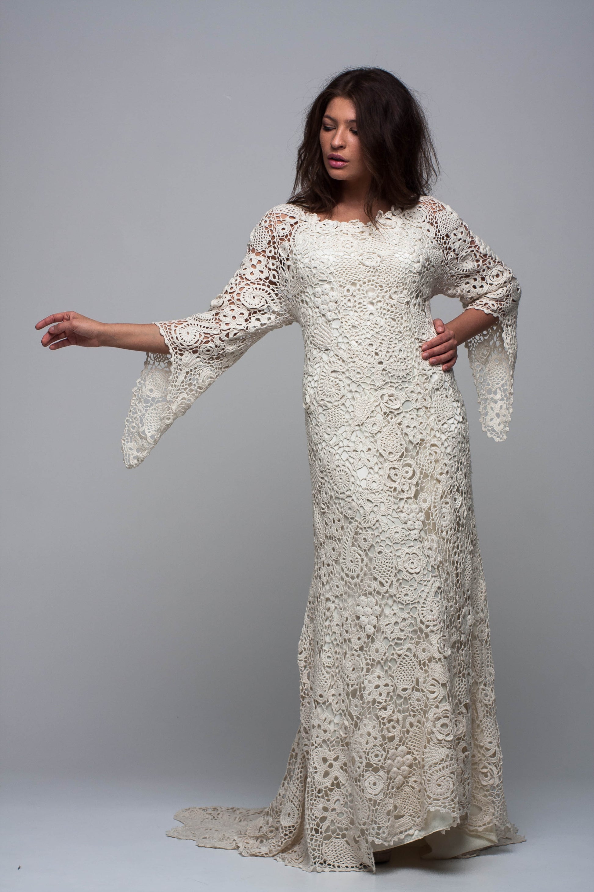 Detailed Irish lace crochet pattern on wedding dress