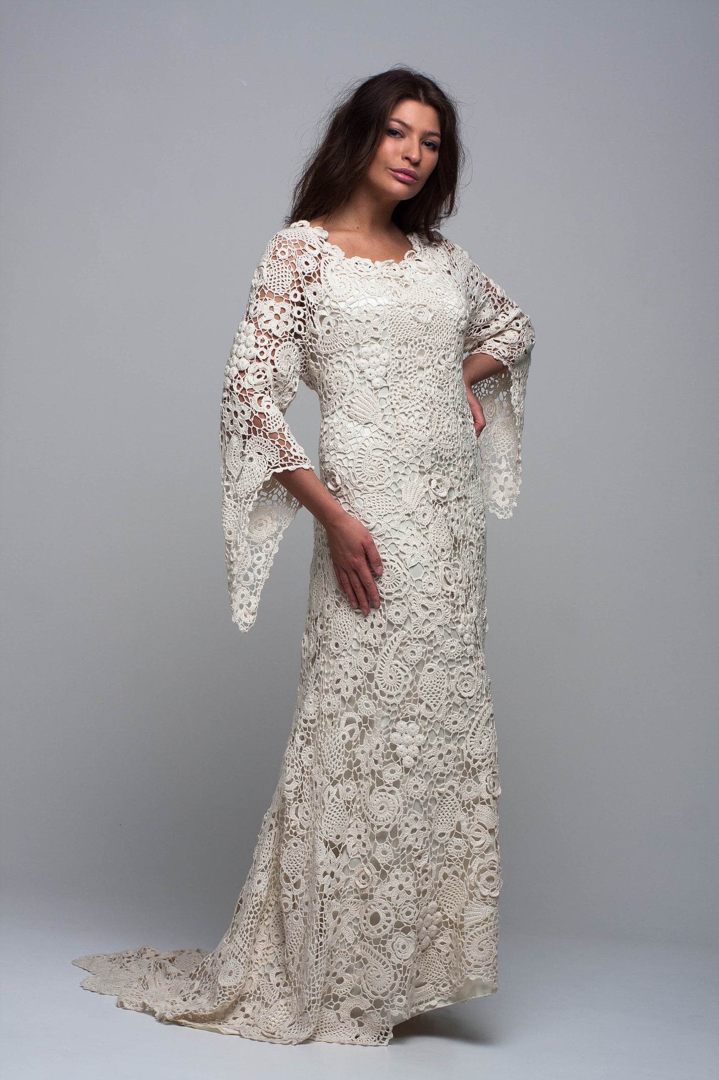 Elegant ivory crochet maxi dress wedding style
