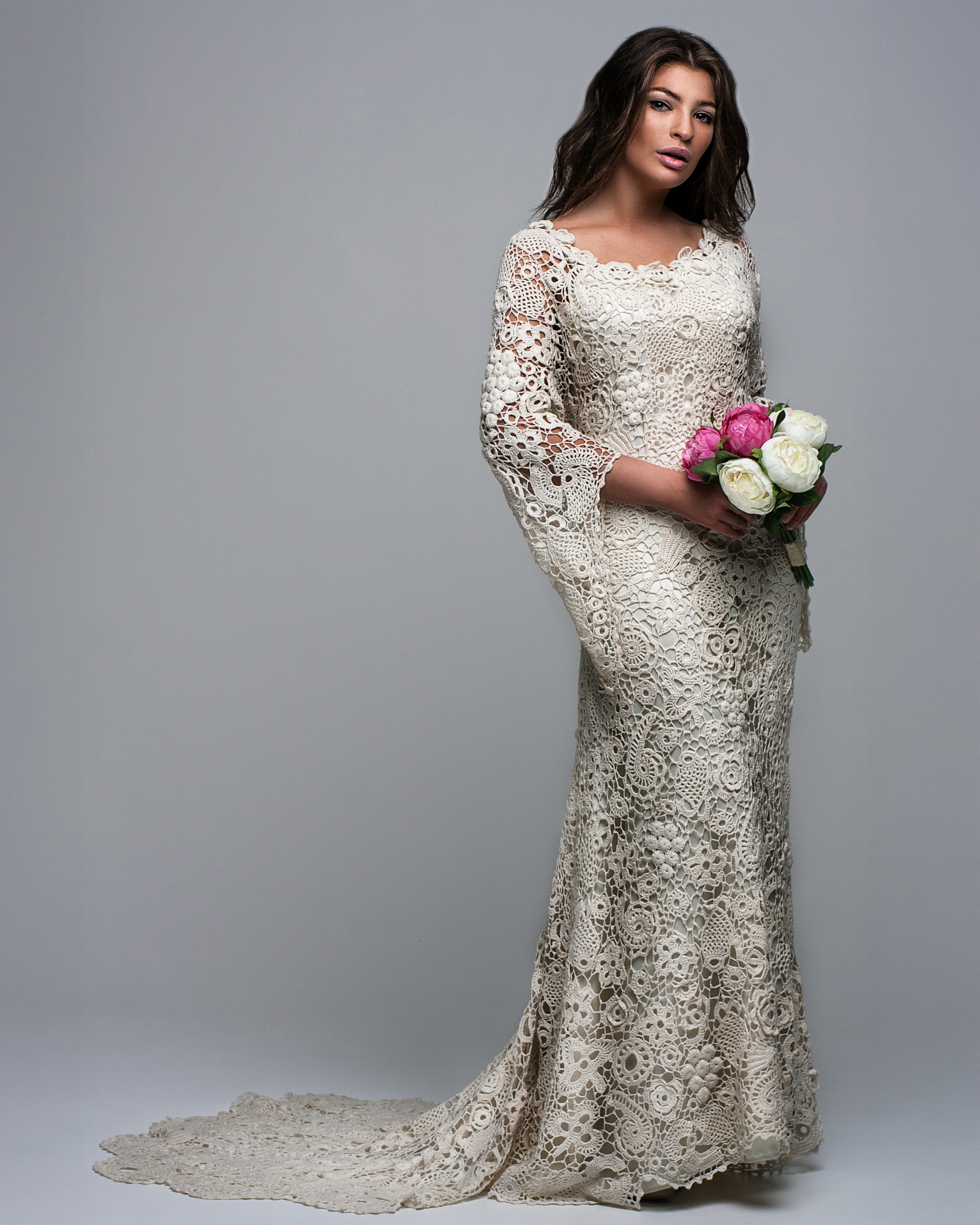 Wedding ivory Irish lace dress handmade crochet bridal gown