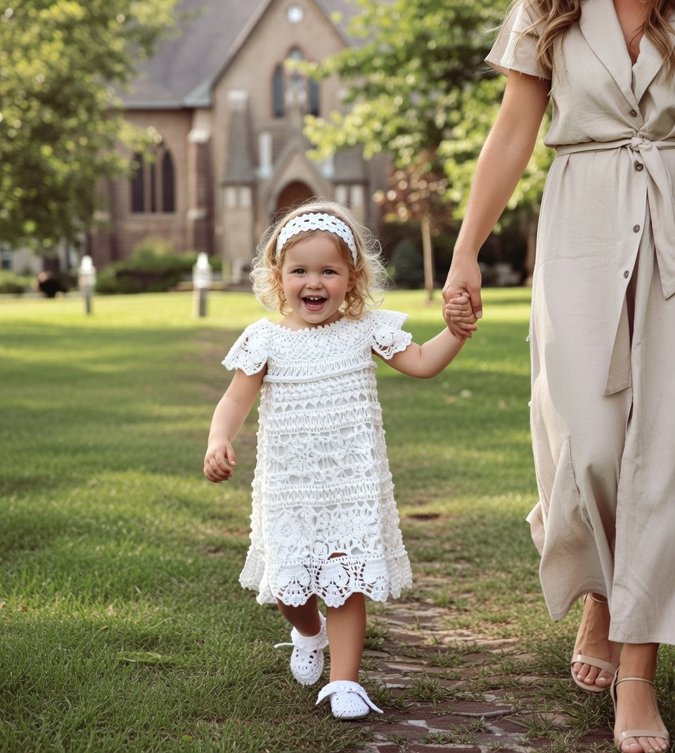 Back view handmade white crochet girls dress