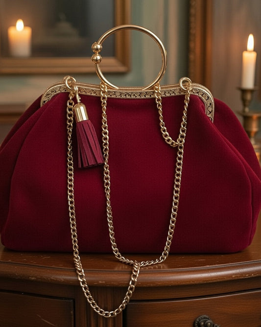 Bordeaux suede bag with kisslock removable brass chain andleather tassel