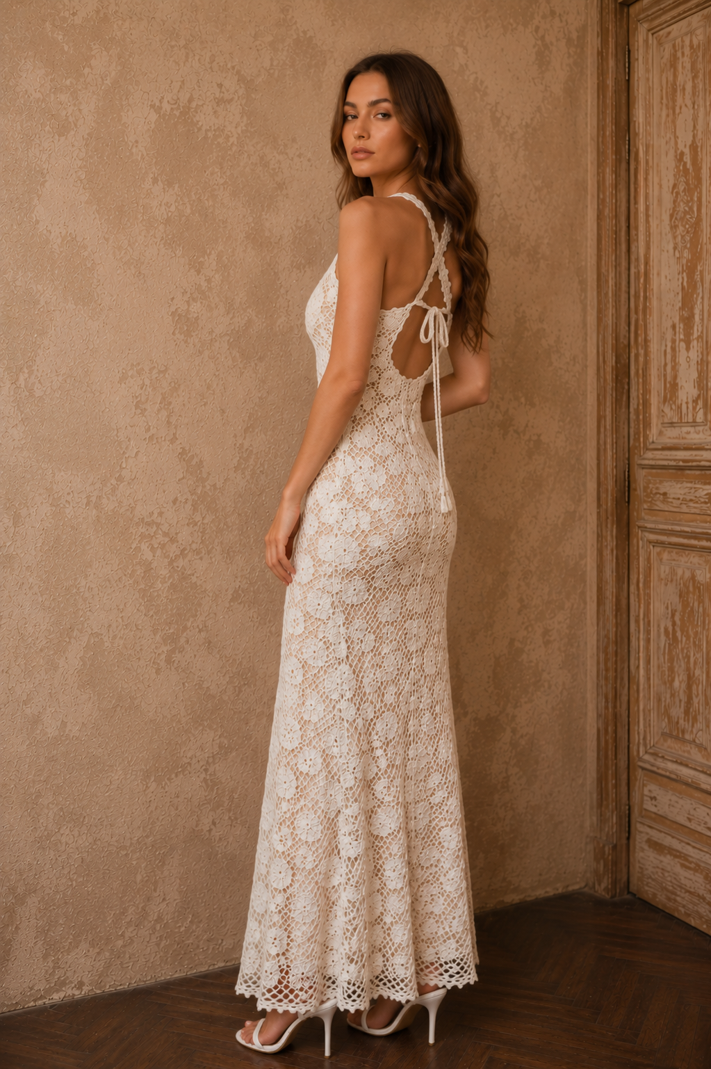 White Crochet Wedding Dress – Irish Lace Bridal Maxi Dress, Handmade Ivory Boho Beach Wedding Gown