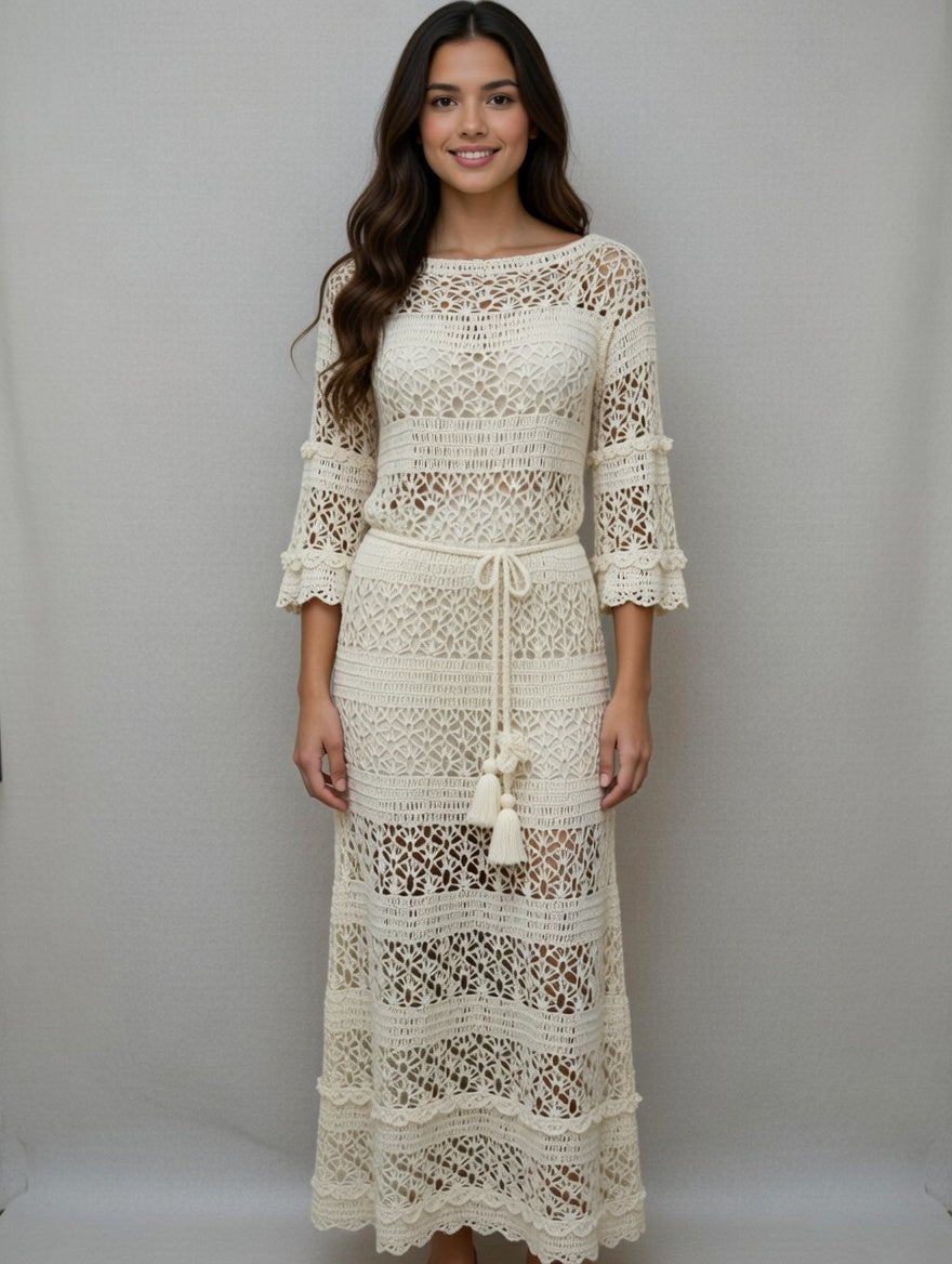 Crochet Lacy Ivory Maxi Dress - Wedding white Floor Dress with Long Sleeves
