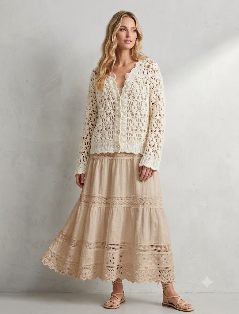 Ivory Crochet Lace Jacket – Handmade Fluffy Oversized Wool Bomber Cardigan with Puff Sleeves