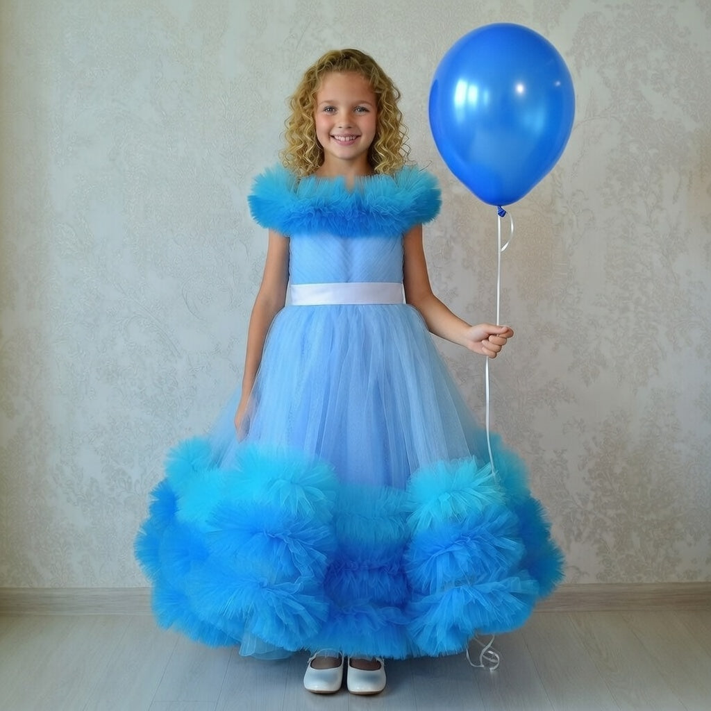 Blue Tulle Flower Girl Dress – Princess Ball Gown for Girls, Off Shoulder Party Dress