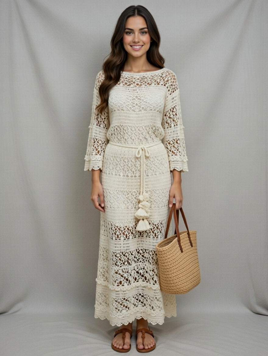 Crochet Lacy Ivory Maxi Dress - Wedding white Floor Dress with Long Sleeves