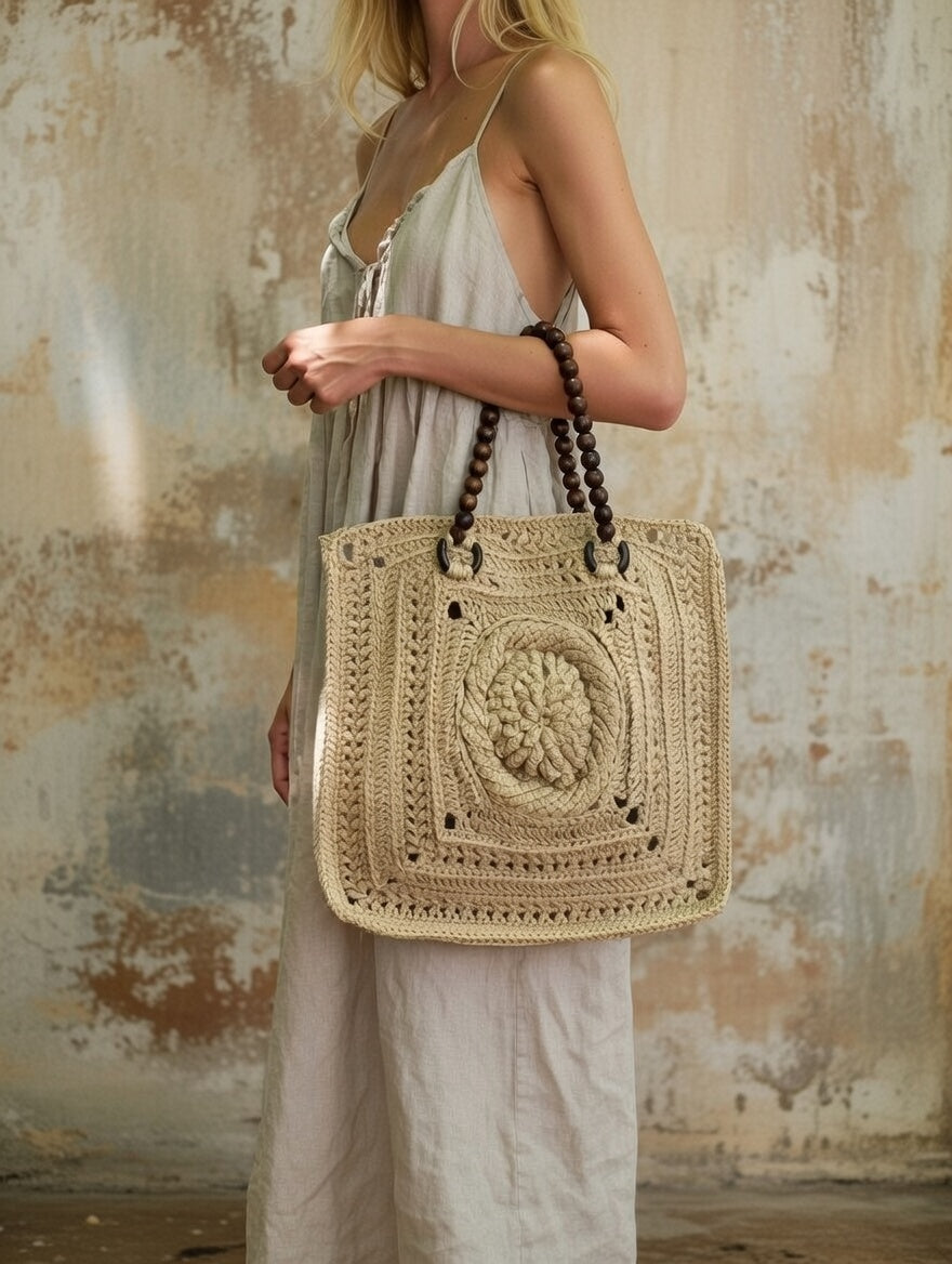 Handmade jute crochet tote bag with wooden handles Eco-friendly beige market basket bag Summer beach bag