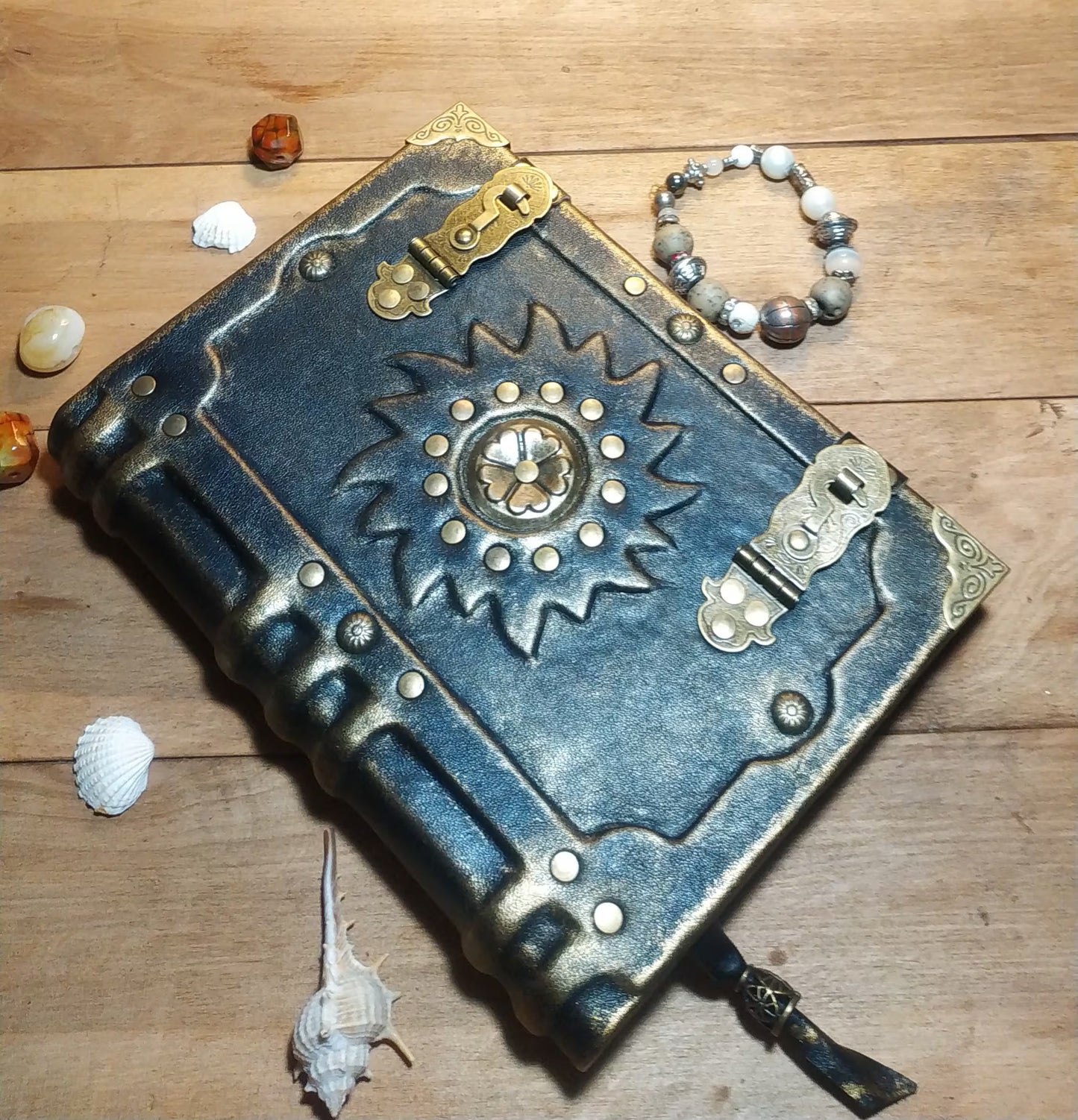 Black Leather Sun Grimoire with Antique Lock – Handmade Aged Journal, Vintage Book of Shadows
