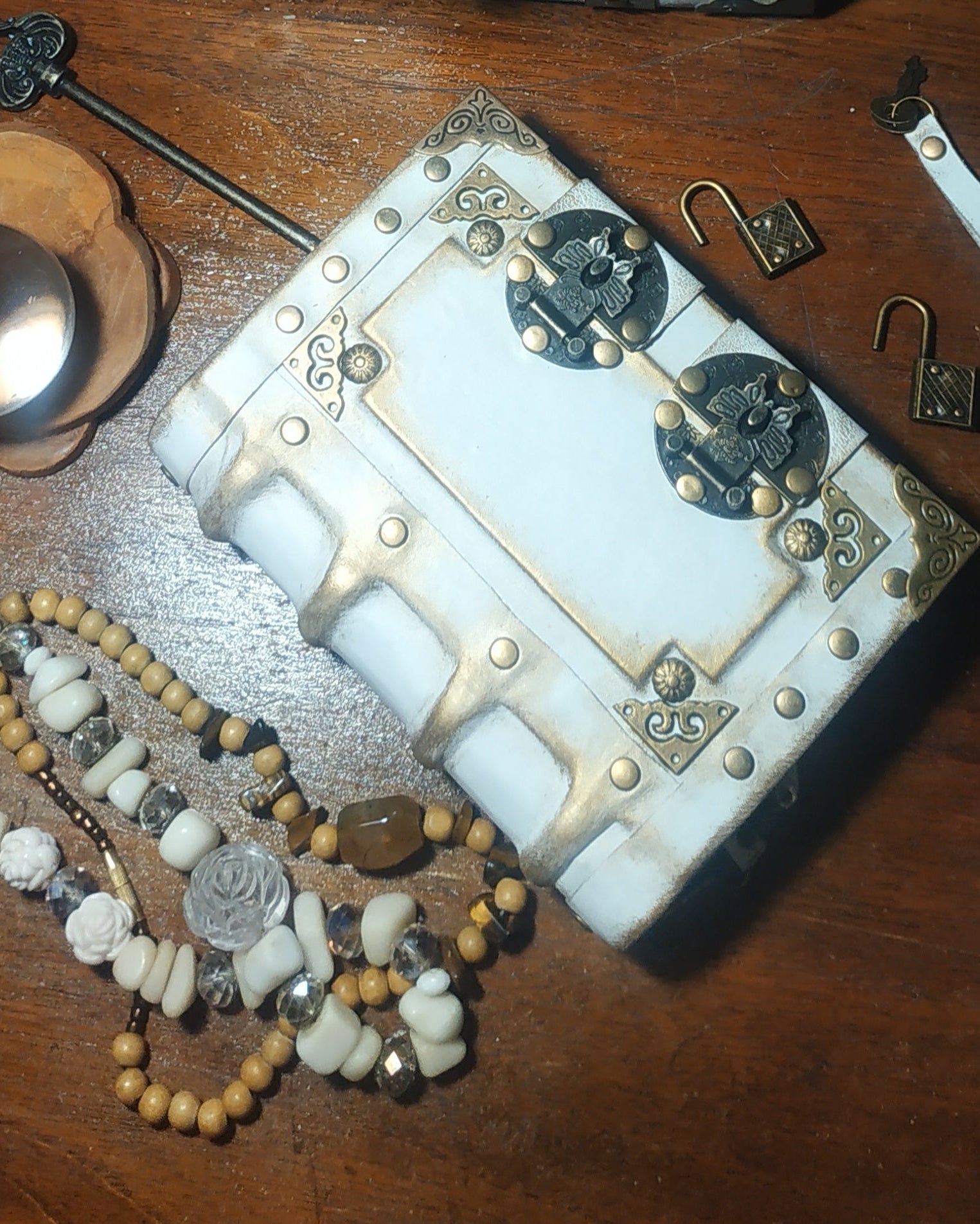 White aged leather ournal on the vintagewooden table