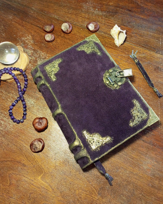 Purpl suede aged journal with brass embelishments and antique lock with padlock