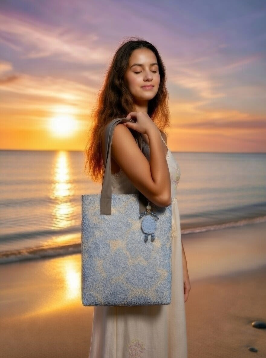 Blue Guipure Lace Tote Bag – Boho Market Tote Lace Bag with Leather Handles