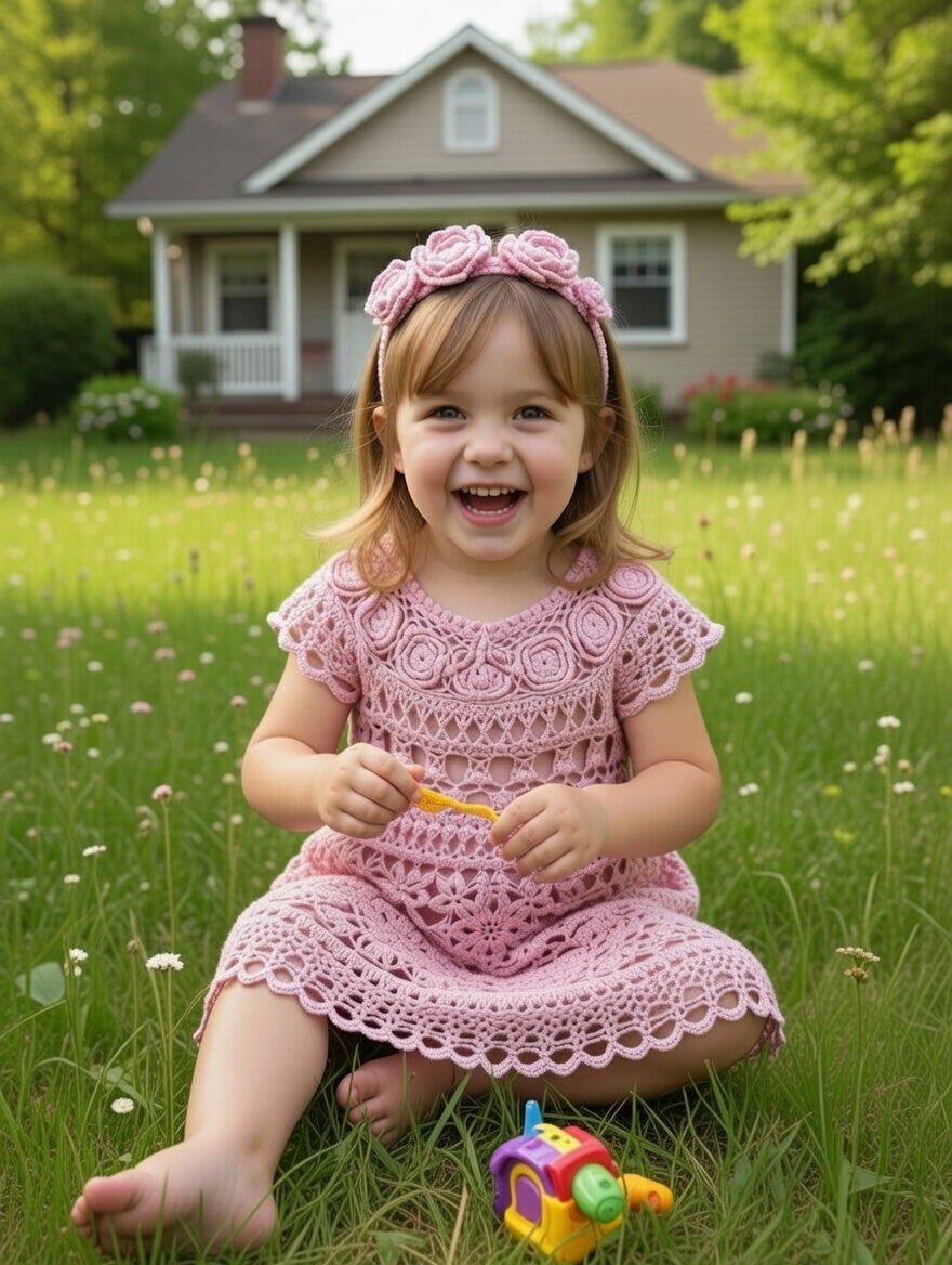 Handmade Pink Crochet Dress for Girls with Floral Lace Baptism Girl Dress