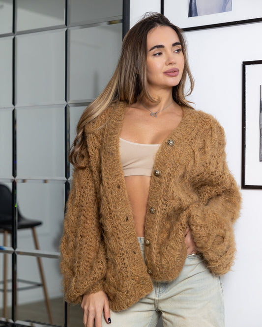 Camel mohair chunky oversized knit cardigan with buttons beige fluffy bomber