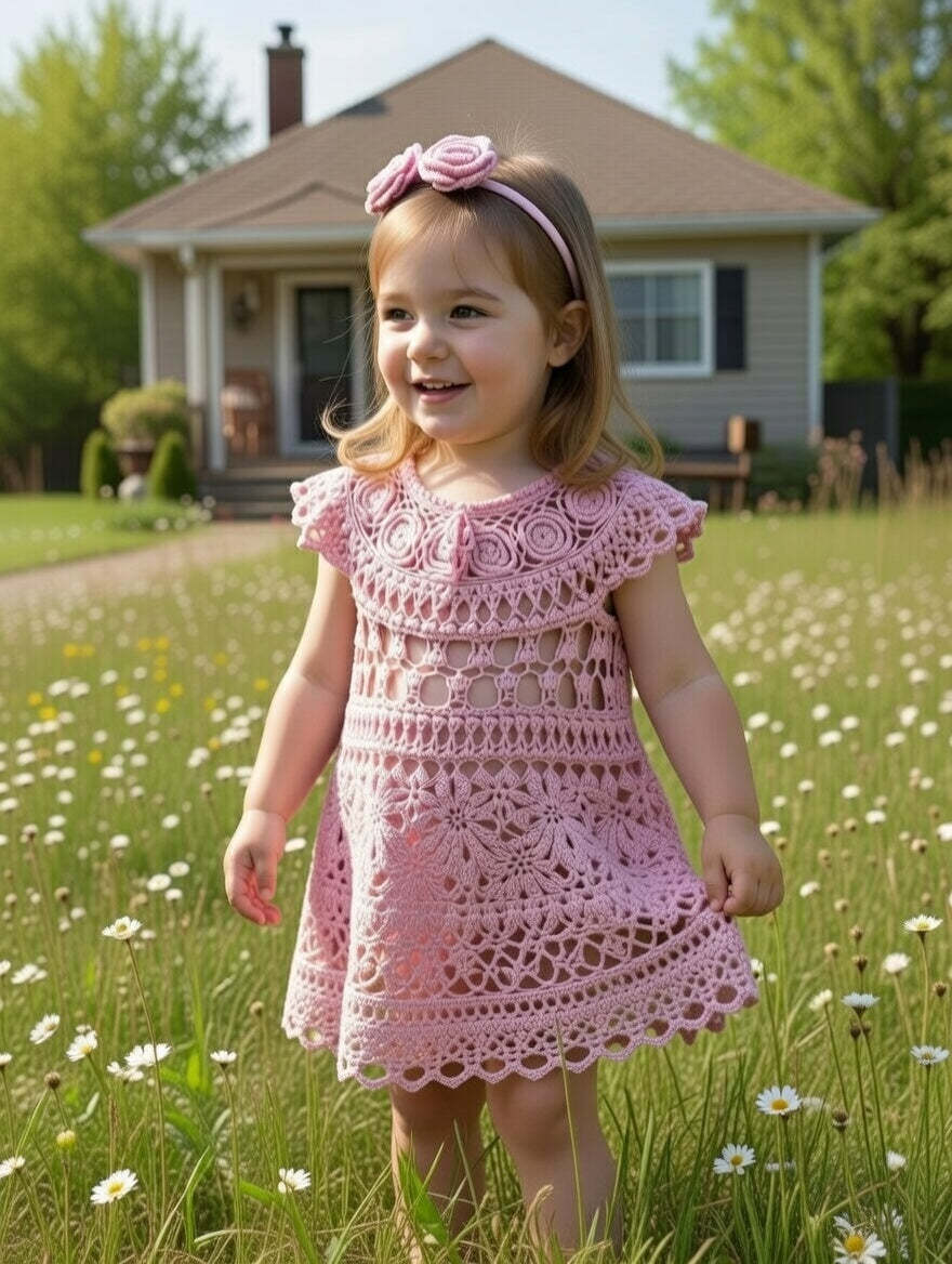 Handmade Pink Crochet Dress for Girls with Floral Lace Baptism Girl Dress