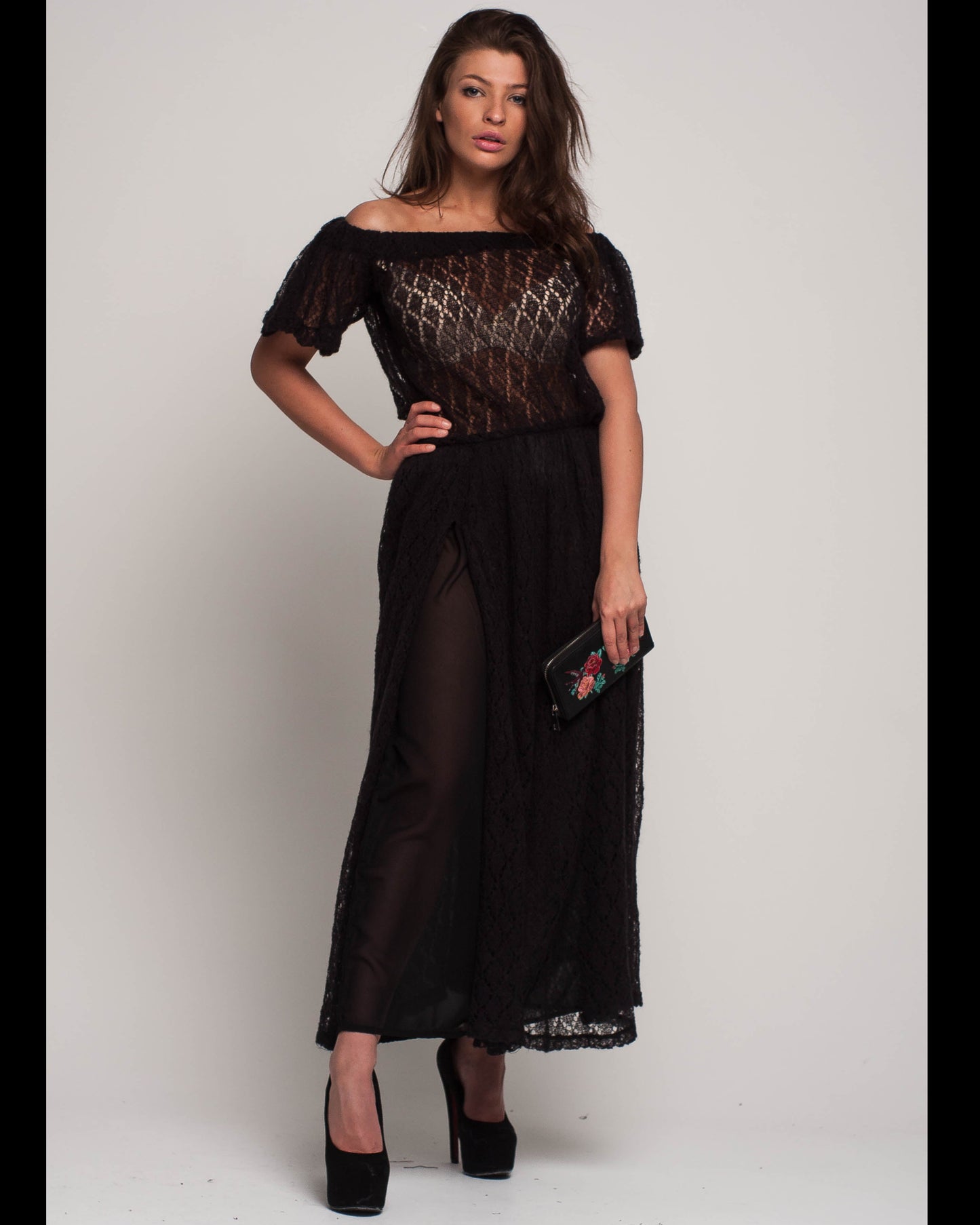 Black off shoulder maxi knit mohair dress with slit and pockets. Handmade crochet long dress with flared loose silhouette for evening and special occasions.