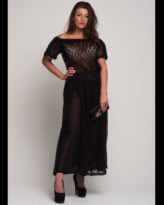 Black off shoulder maxi knit mohair dress with slit and pockets. Handmade crochet long dress with flared loose silhouette for evening and special occasions.