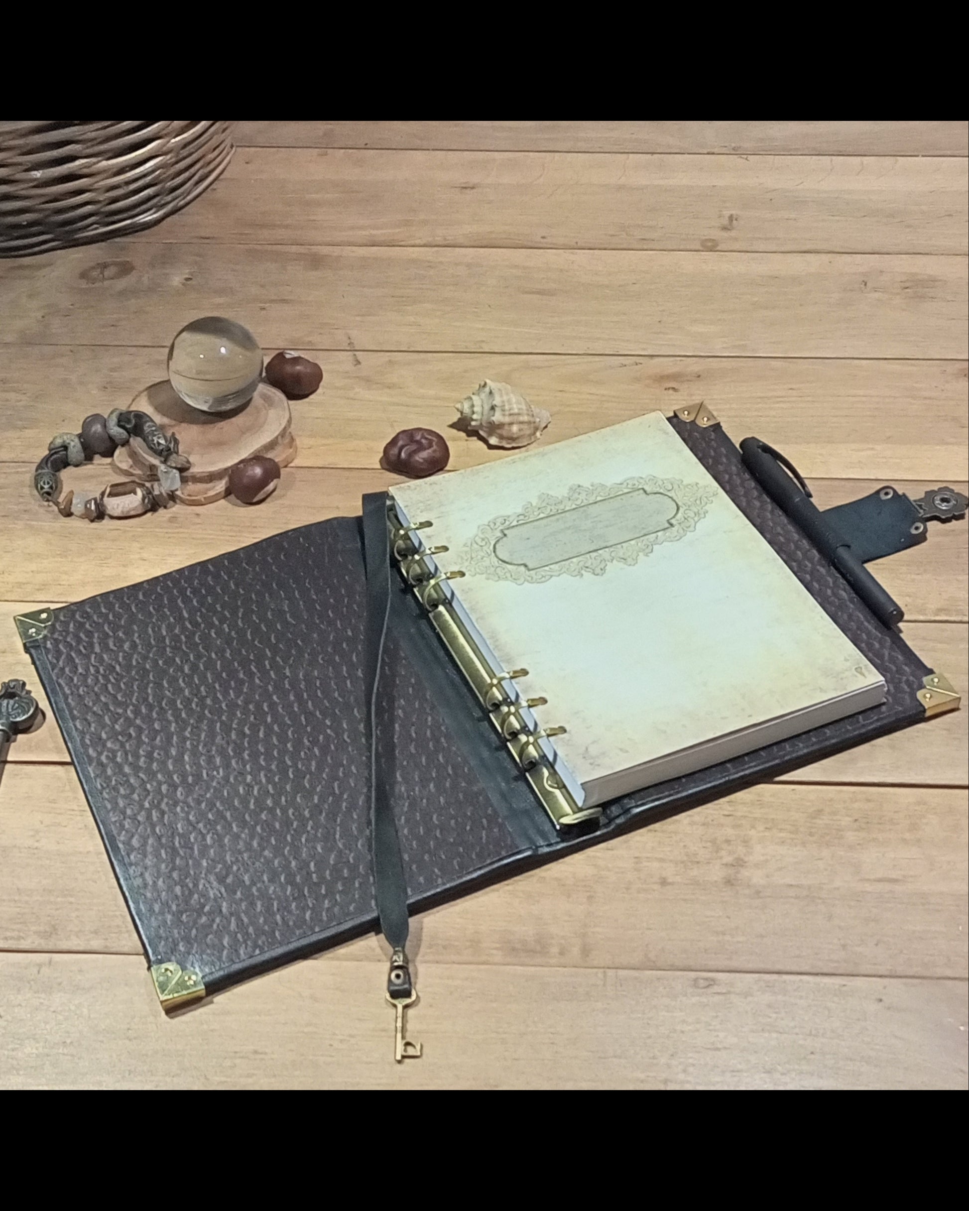 Handmade black refillable leather binder journal with 6 rings, antique lock and 150 sheets