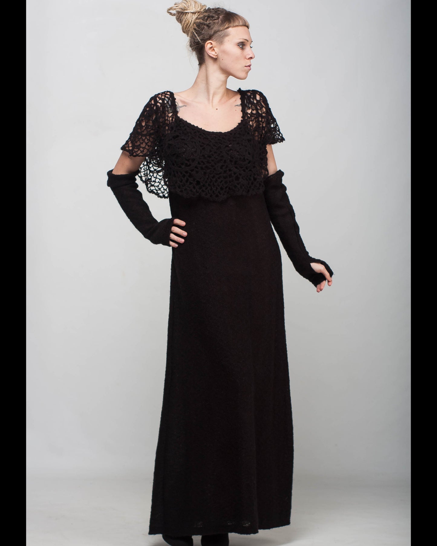 Black knit mohair off shoulder lace dress in maxi length with removable sleeves
