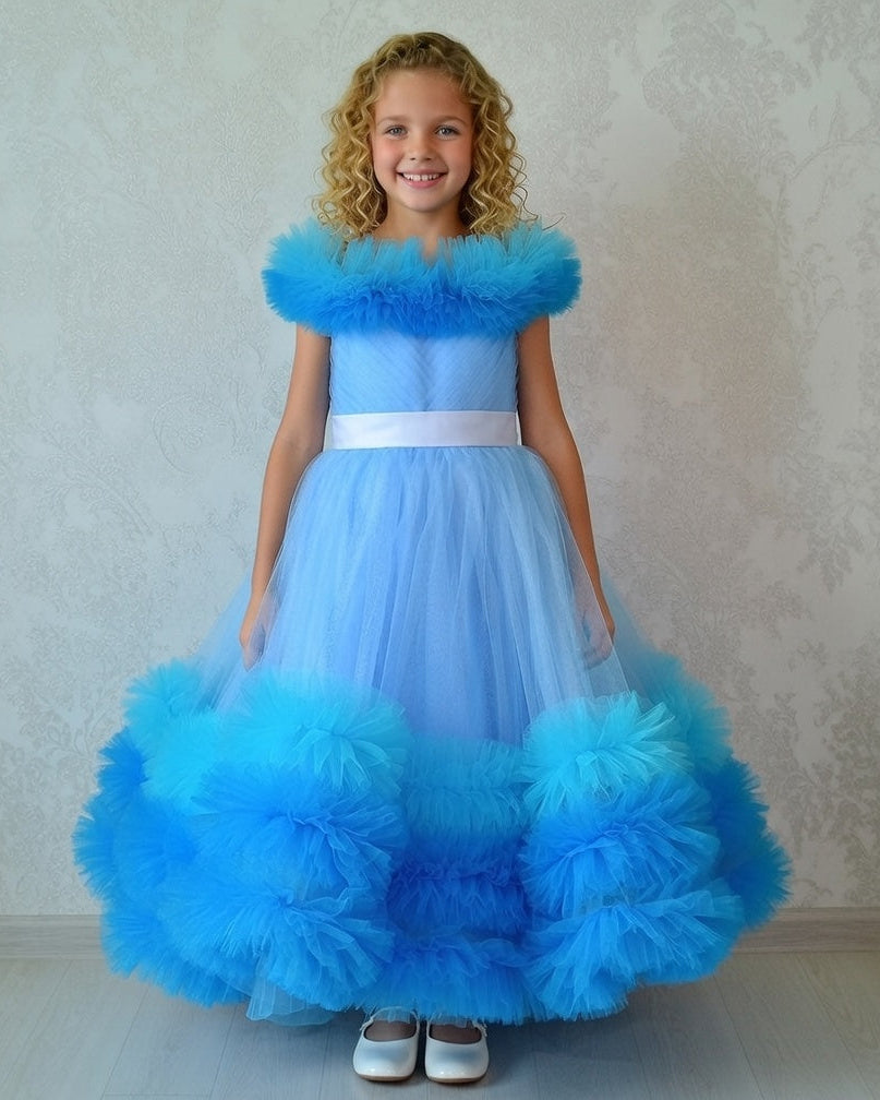 Blue off shoulder maxi tulle flower gil gown