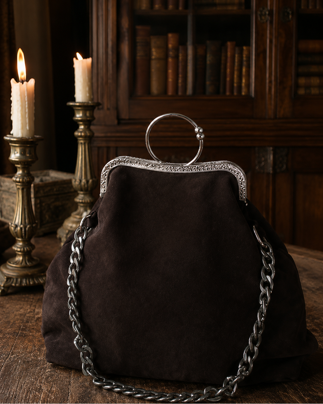 Brown suede handbag with silver chain and clasp 
