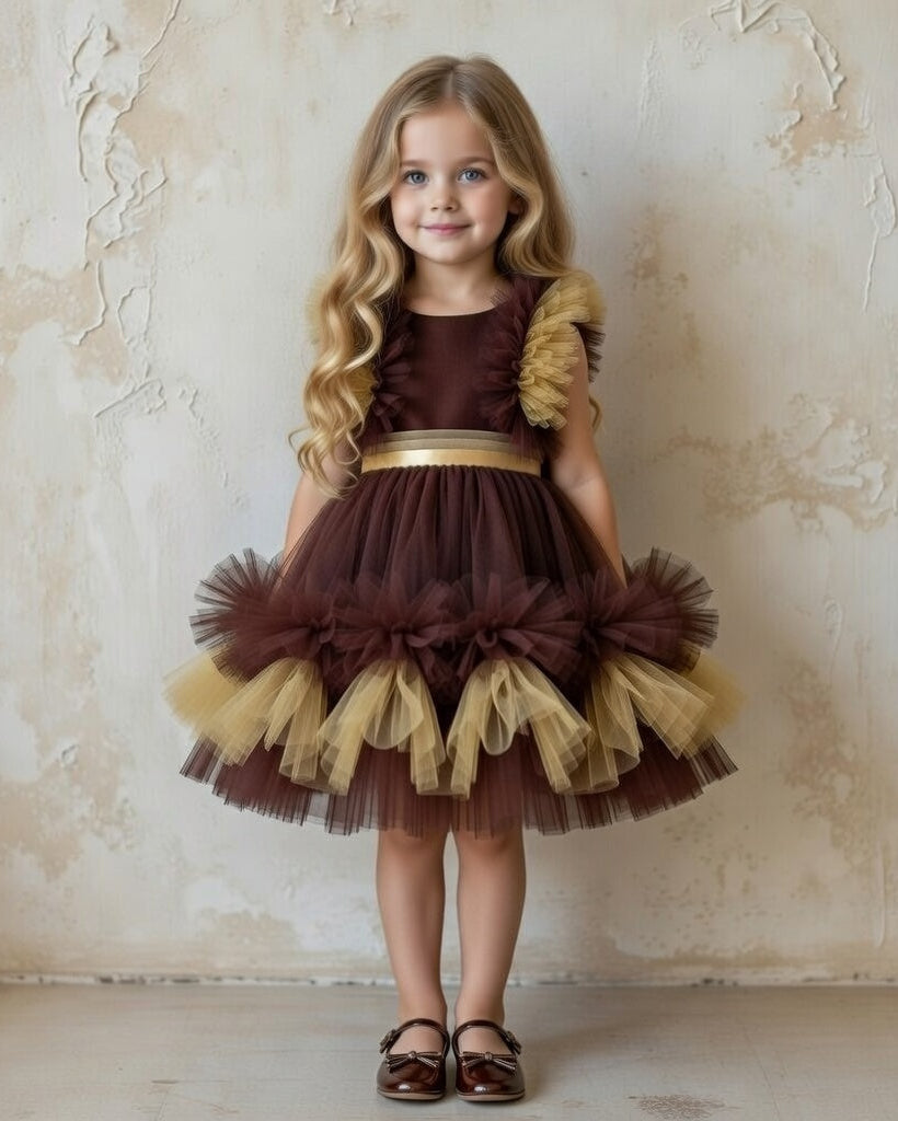 Brown tulle ball gown for  girl with voluminous skirt