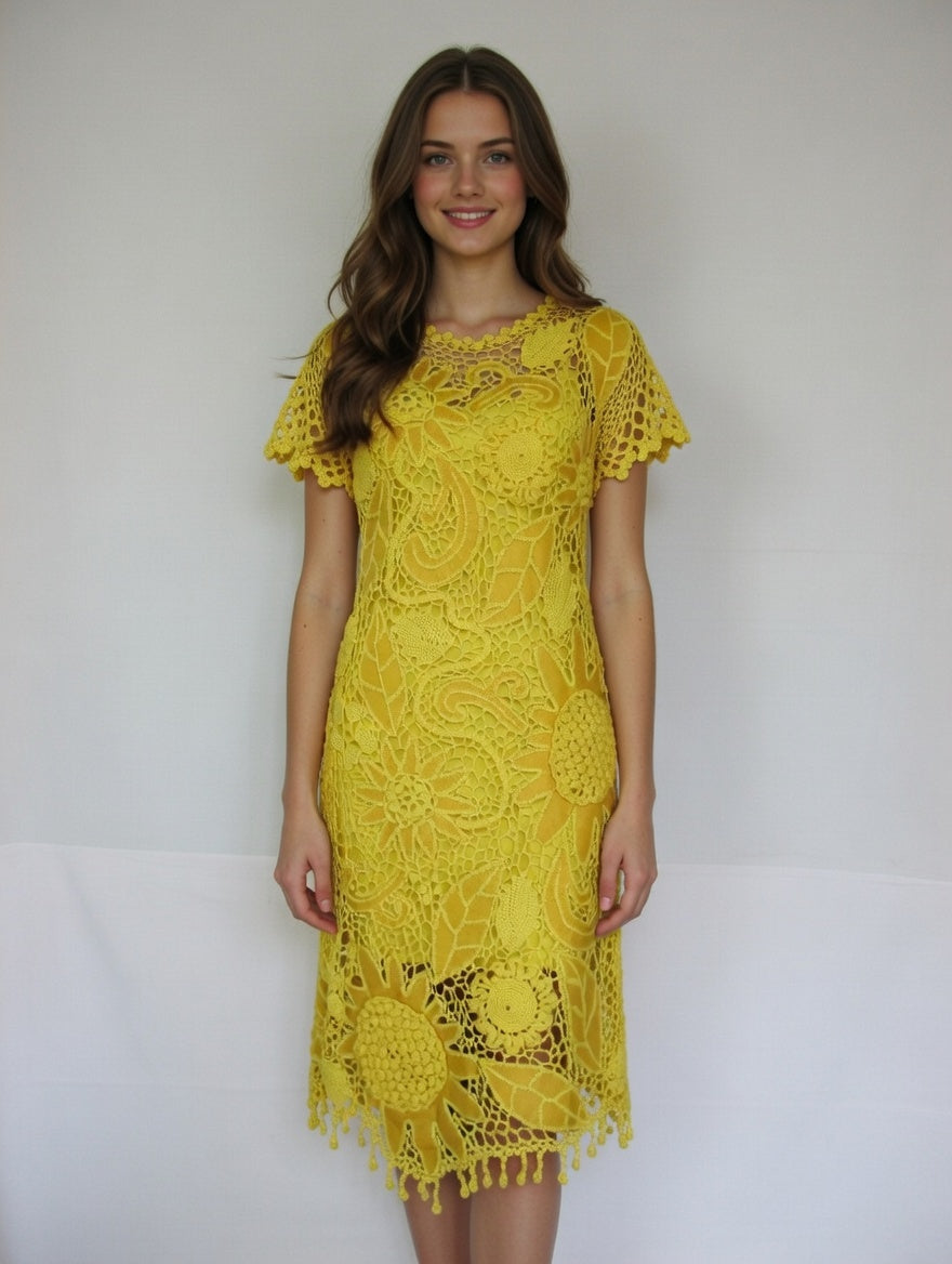 Yellow Irish Lace Crochet Dress with Leather – Handmade Statement Summer Dress