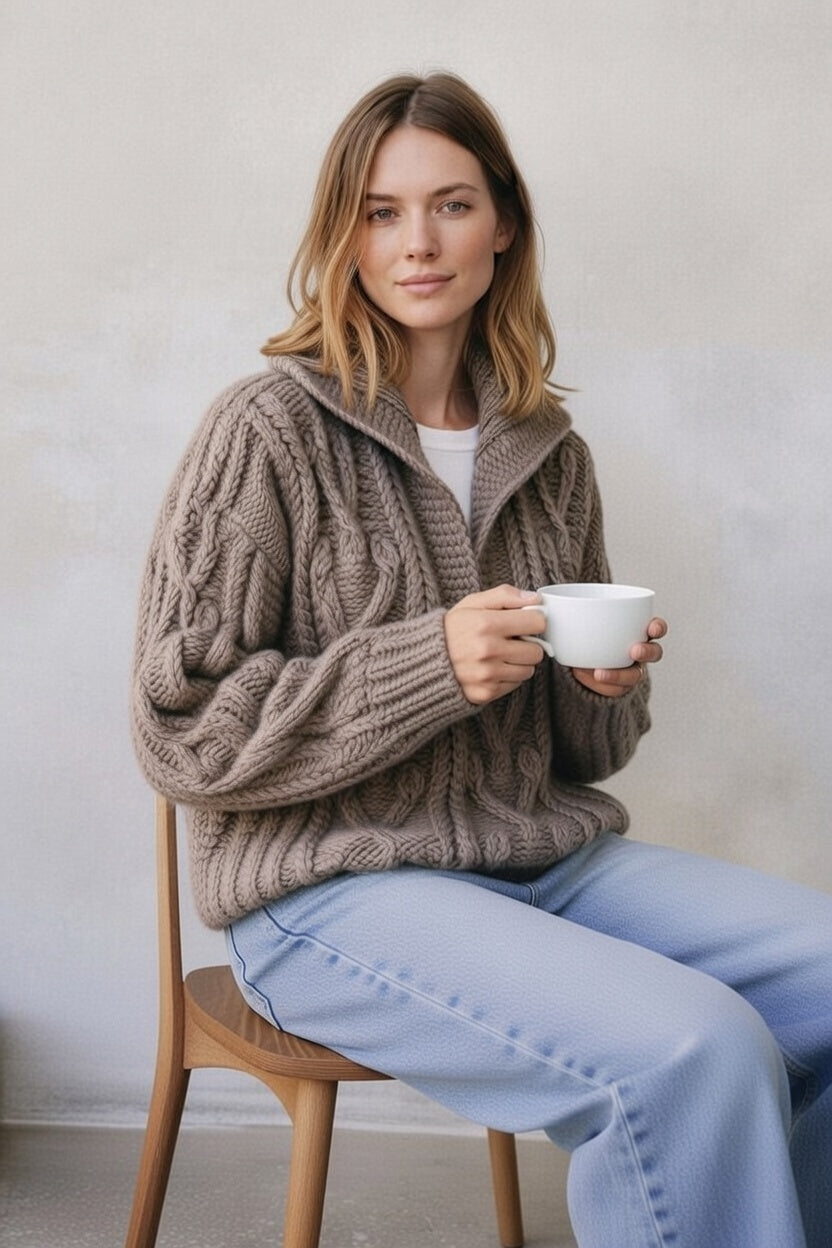Handmade Oversized Taupe Knit Polo Collar Sweater – Cable Knit Wool Blend Collared Jumper, Winter Pullover