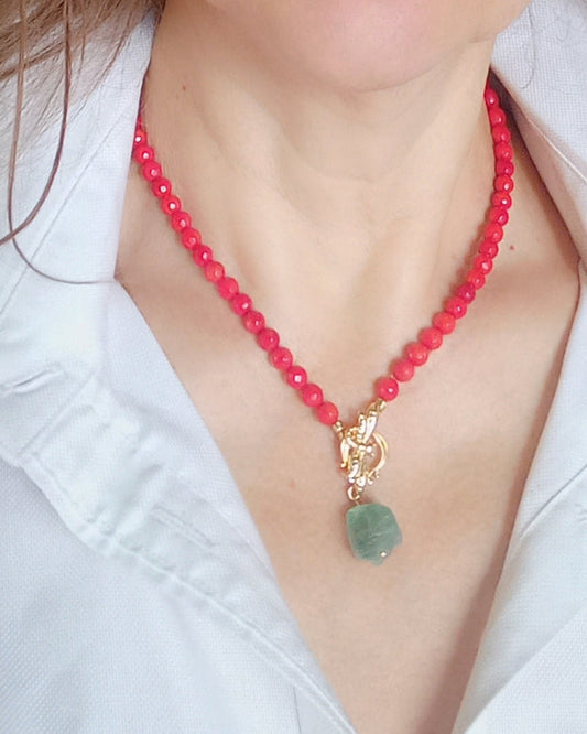coral beaded necklace with fluorite nugget charm