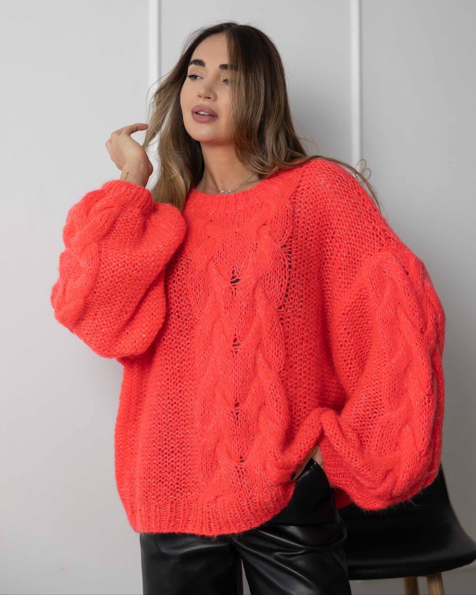 Coral oversized knit mohair chunky jumper with cable patterns