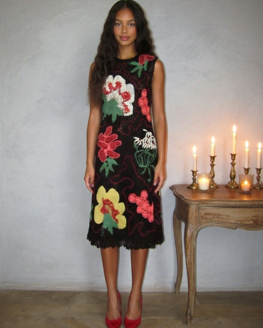 Woman wearing a black dress with colorful floral patterns in a room with candles on a table.