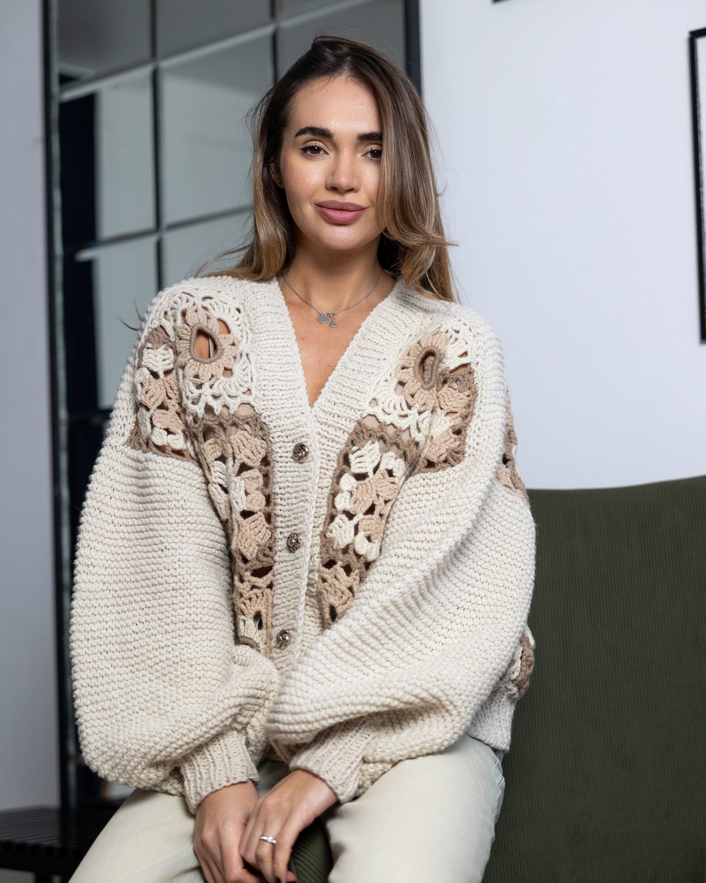Ivory woolen oversize crochet cardigan knit bomber with granma suare patterns