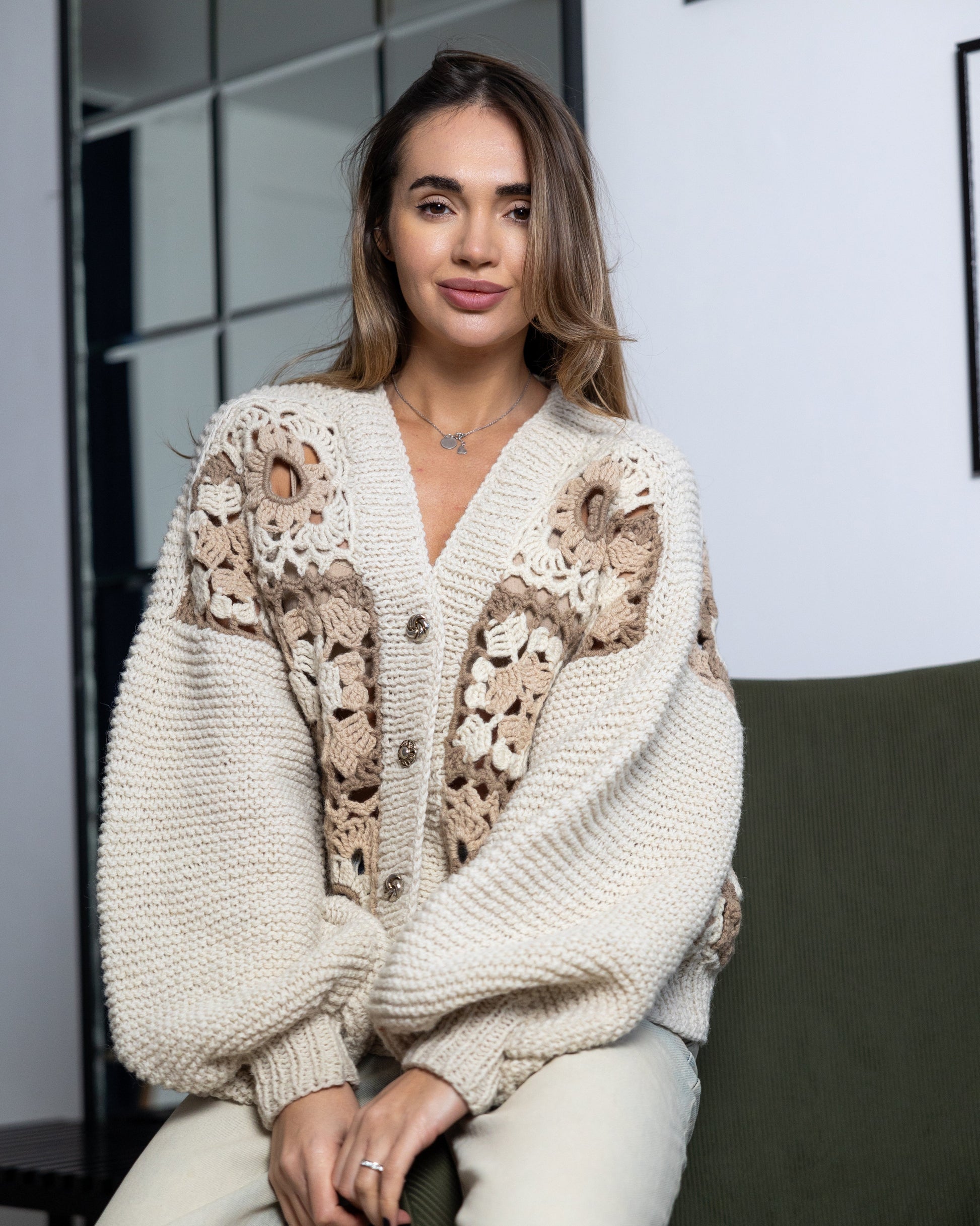 Ivory woolen oversize crochet cardigan knit bomber with granma suare patterns