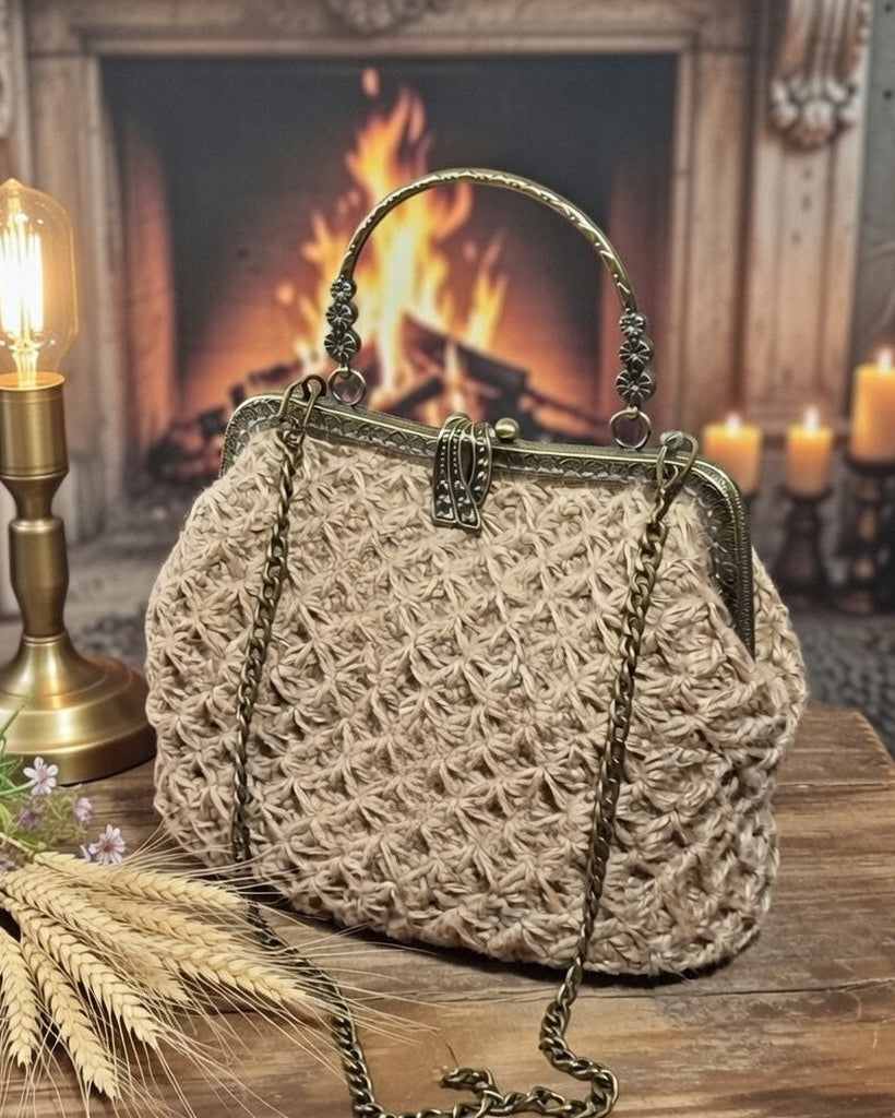 Beige jute crochet bag with kisslock and removable brass chain