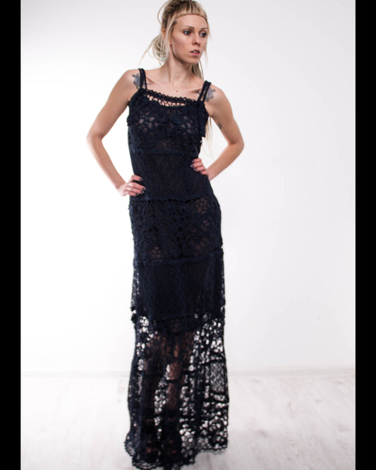Crochet lace black maxi sundress