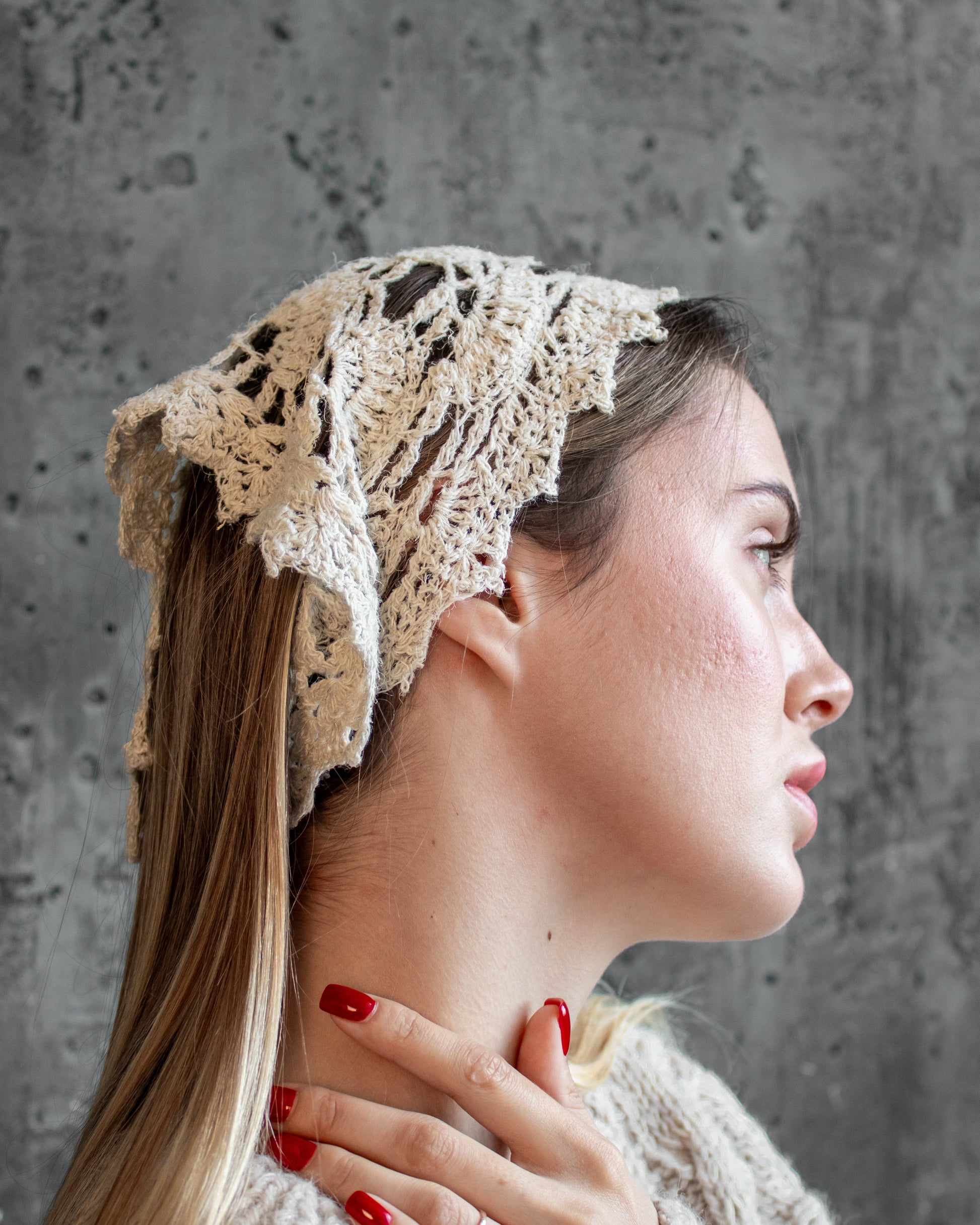 Ivory crochet hemp bandana summer kerchief with lace pattern