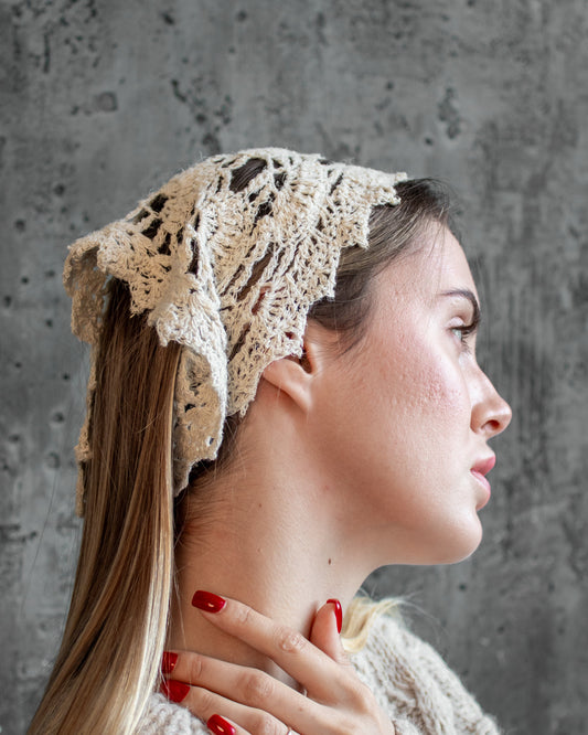 Ivory crochet hemp bandana summer kerchief with lace pattern