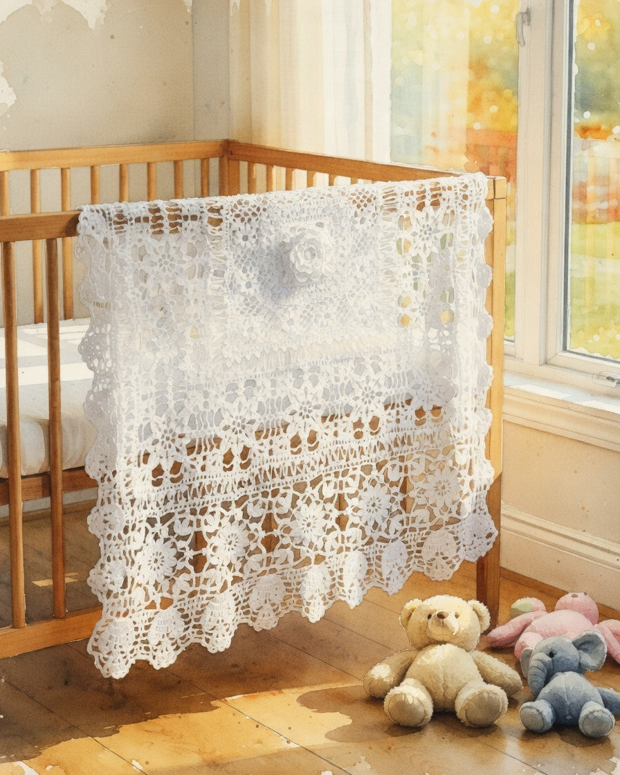 Crochet white lace blanket for a toddler christening throw