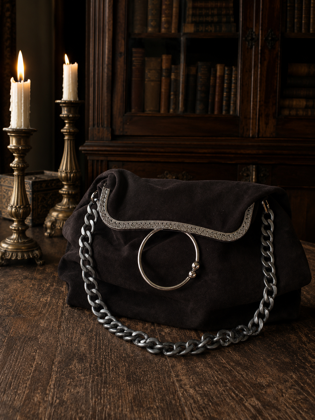 Brown Suede Kisslock Bag – Vintage Chocolate Leather Frame Handbag with Brass Clasp, Bohemian Chain Shoulder Purse
