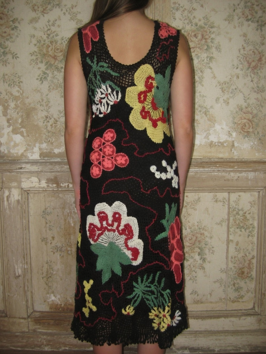 Black Irish Lace Crochet Dress Handmade Floral Lace Dress Sleeveless Boho Midi Dress Artisan Crochet Evening Dress