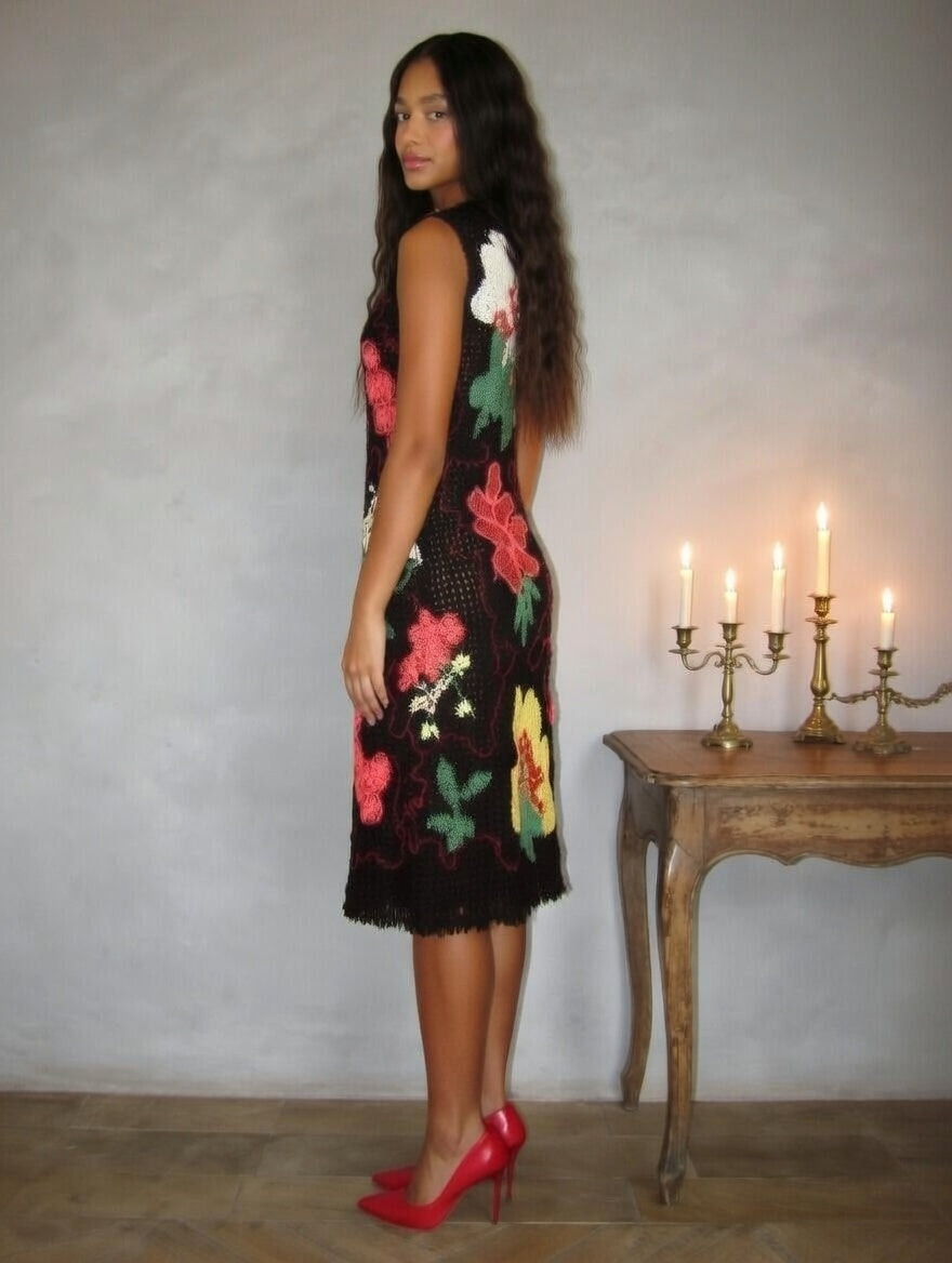 Black Irish Lace Crochet Dress Handmade Floral Lace Dress Sleeveless Boho Midi Dress Artisan Crochet Evening Dress