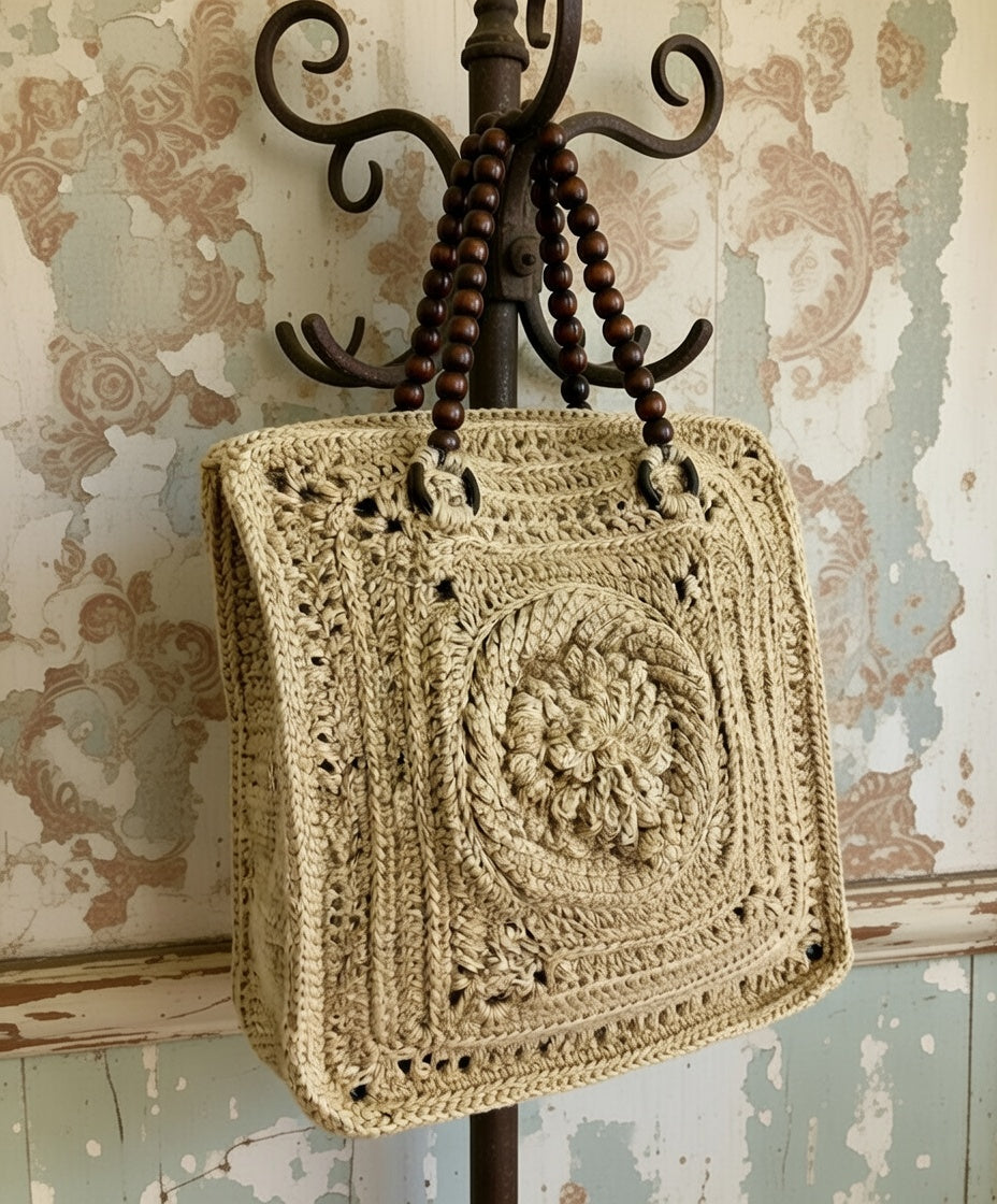 Handmade jute crochet tote bag with wooden handles Eco-friendly beige market basket bag Summer beach bag