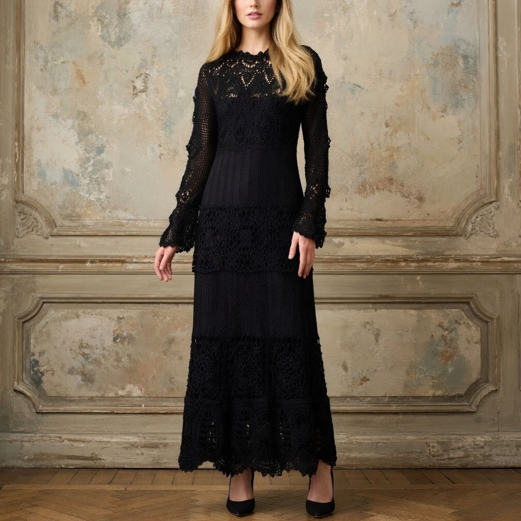 Handmade Black Crochet Maxi Dress – Boho Lace Cotton Summer Dress Party Lace Floor Dress