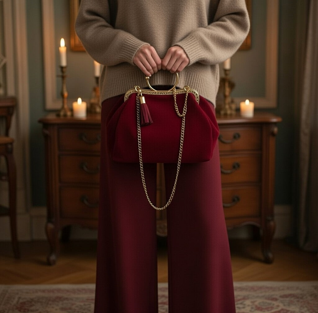 Bordeaux Suede Kisslock Bag – Bohemian Vintage Handbag with Gold Frame and Chain Strap