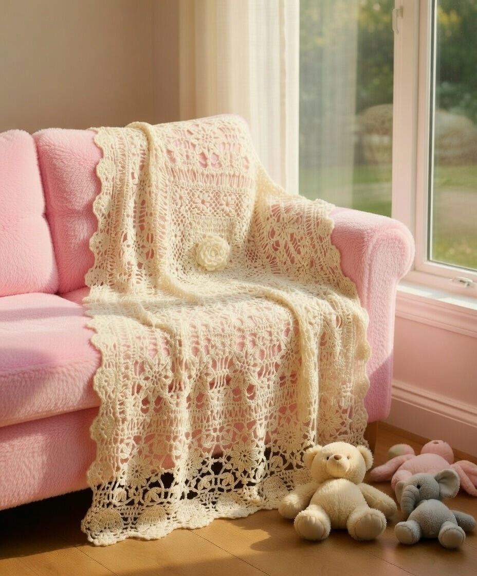 Crochet Cotton Creamy Baby Blanket – Lace Christening Blanket for Baptism, Handmade Baby Throw