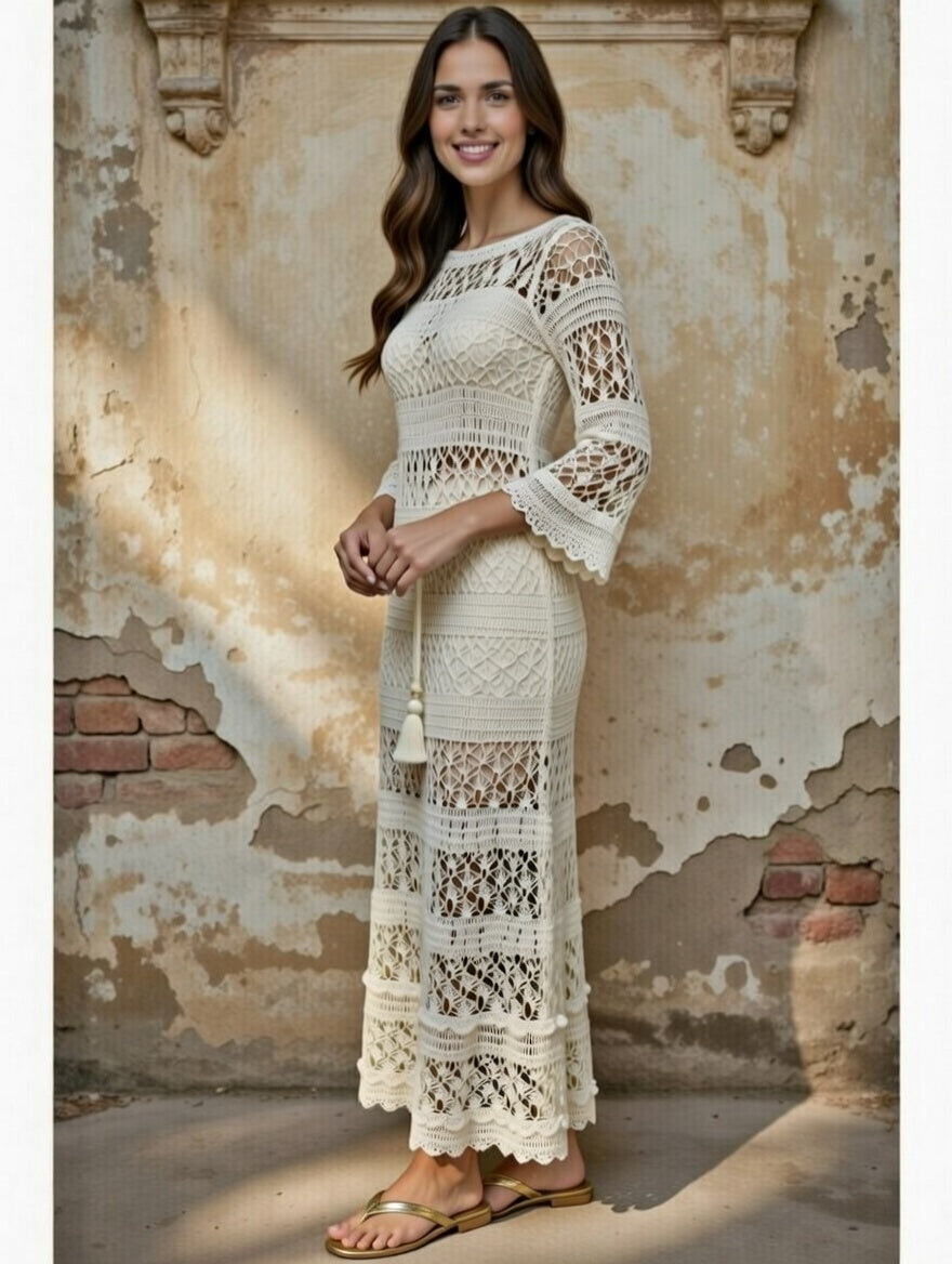 Crochet Lacy Ivory Maxi Dress - Wedding white Floor Dress with Long Sleeves