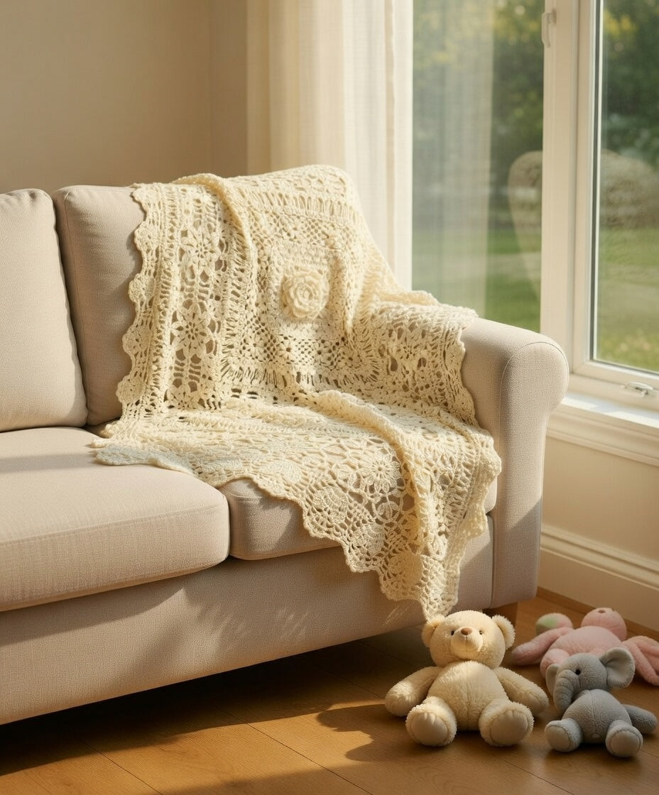 Crochet Cotton Baby Blanket – Lace Christening Blanket for Baptism, Handmade Baby Throw