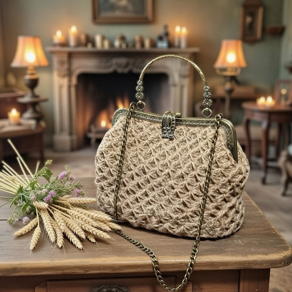 Bohemian Beige Crochet Jute Kisslock Bag – Handmade Natural Fiber Handbag with Chain Strap